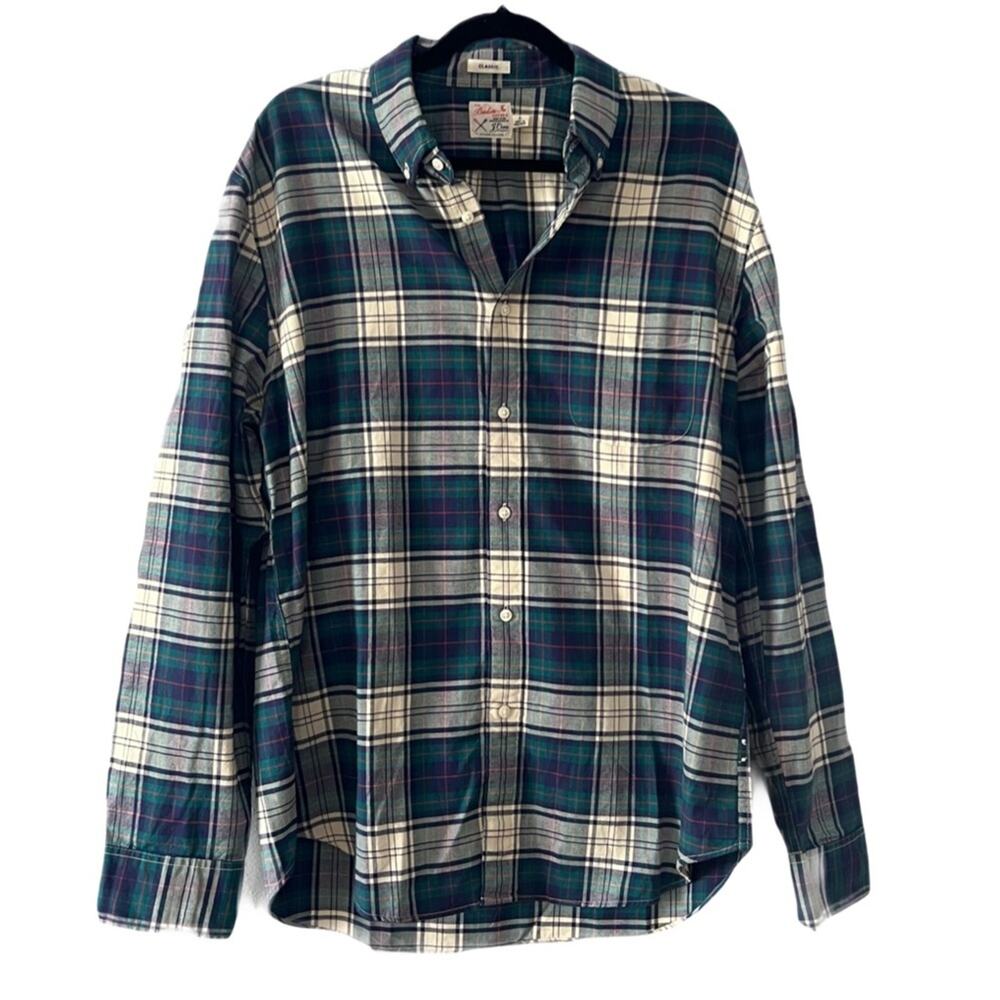 J. Crew Classic Fit Plaid Shirt Organic Cotton Men's Size L Green Blue Fall